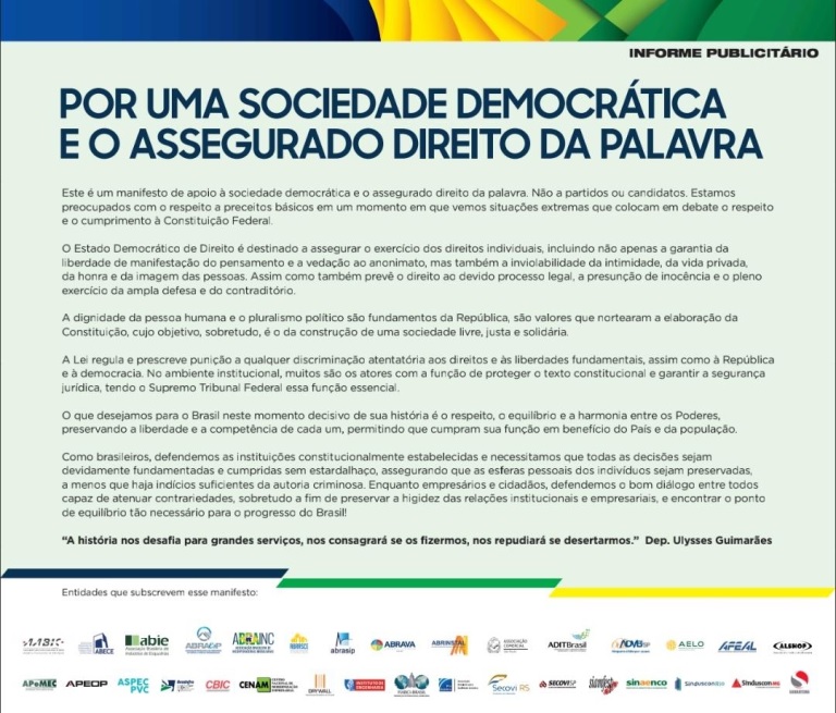 Sobratema assina manifesto de apoio à sociedade democrática